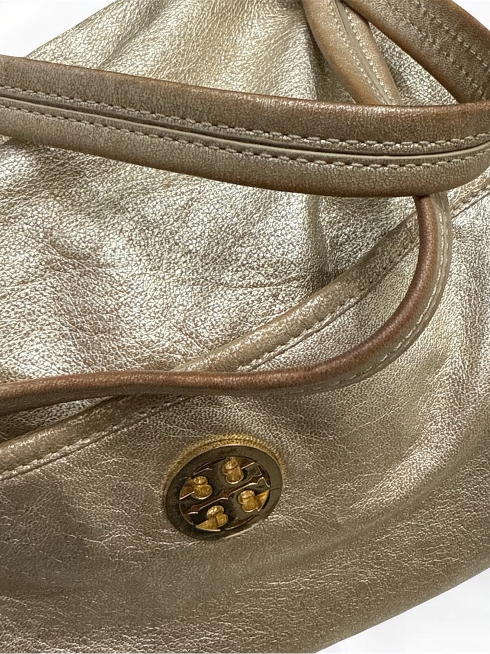 Tory Burch Metallic Gold Leather Shoulder Hobo with Tassel and Mirror Charm - Picture 3 of 8